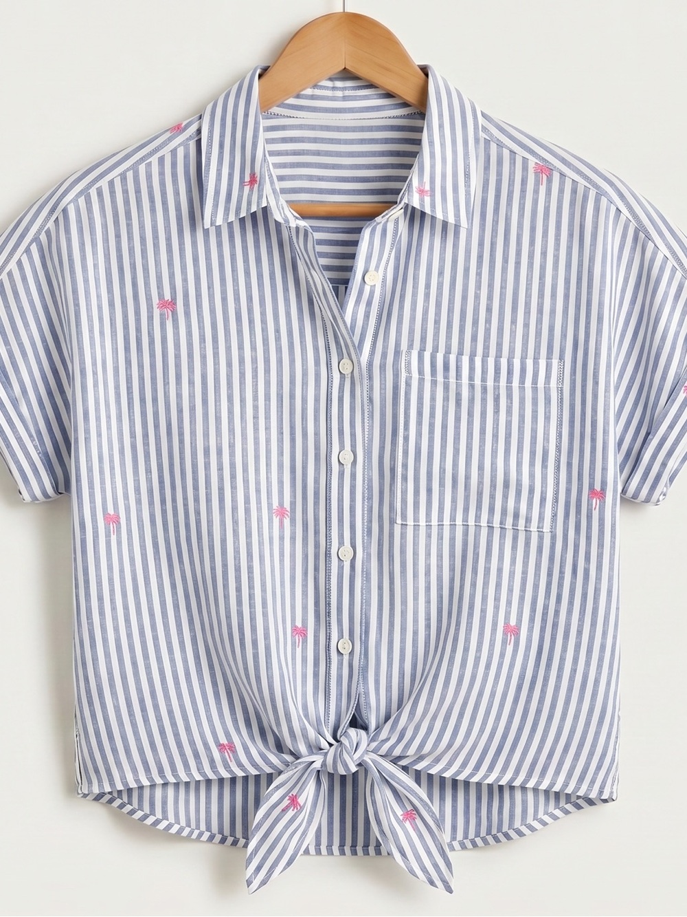 beachlunchlounge Chambray Stripe Pink Palm Tree Tie Front Button SS Top